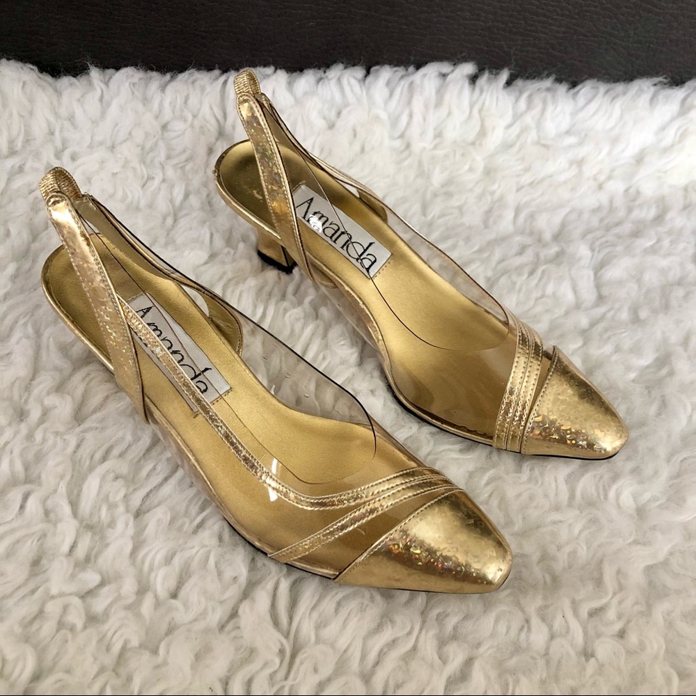 Vintage Amanda gold & clear sling back heels, 8M